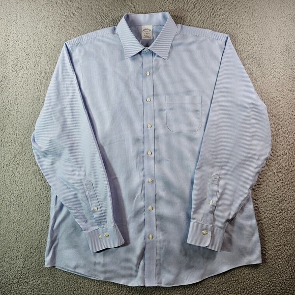 Brooks Brothers 1818 Dress Shirt Men 17.5 6/7 Button Up Long Sleeve Blue Striped - Picture 3 of 11